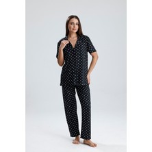 Kompedan Kadın Kısa Kollu Düğmeli Pijama Takım | Siyah Puantiye Desenli Rahat Ev Giyimi