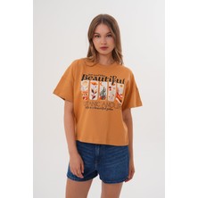 Kadın Taba Oversize Tişört – Botanik Baskılı,beautiful / Botanic Amour Yazılı