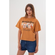 Kadın Taba Oversize Tişört – Botanik Baskılı,beautiful / Botanic Amour Yazılı