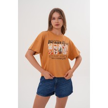 Kadın Taba Oversize Tişört – Botanik Baskılı,beautiful / Botanic Amour Yazılı