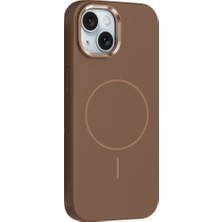 iPhone 14 Kılıf M-Safe Şarj Özellikli Metal Kamera Çerçeveli Otnv Edi Silikon Kapak - Kahverengi