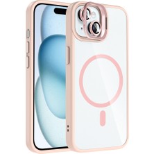 iPhone 15 Kılıf Standlı ve Kamera Lens Hediyeli M-Safe Şarj Özellikli Otnv Etro Kapak - Pembe