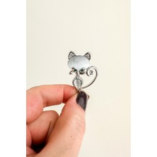 Modex Gümüş Rengi Taş Detay Sedefli Kedi Broş (3 cm)