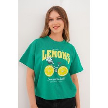 Kadın Yeşil Oversize California Lemons Baskılı Tişört