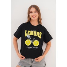 Kadın Siyah Oversize California Lemons Baskılı Tişört