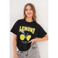 Kadın Siyah Oversize California Lemons Baskılı Tişört