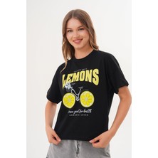 Kadın Siyah Oversize California Lemons Baskılı Tişört