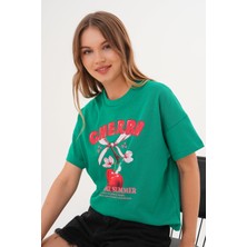 Kadın Yeşil Oversize Cherry Awesome Summer Baskılı Tişört