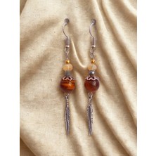 Sitrin Hematit Kaplan Gözü Taşlı Kartal Tüyü Detaylı Gümüş Renk Sallantılı Kadın Küpe