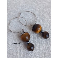 Kaplan Gözü ve Oniks Taşlı Gümüş Renk Sallantılı Halkalı Şık Kadın Küpe