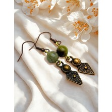 Hint Akiki Doğal Taşlı Kadın Küpe 5cm - Bohem Zamak Süslemeli Kancalı Koyu Bakır Renk