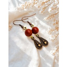 Jasper Doğal Taşlı Bohem Otantik Sallantılı Kancalı Küpe Zamak Döküm Kırmızı Kadın Küpesi 5cm