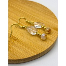 Doğal Taş Kristal Kuvars & Sitrin Kadın Küpe - Boho Tarzı Gold Renk Kancalı Yazlık Küpe