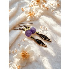 Ametist Doğal Taş Küpe 8mm – Kancalı Koyu Bakır Geometrik Zamak Aparatlı Bohem Küpe 5cm