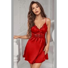 Kadın Kırmızı Saten Gecelik Şık Bağlamalı Tasarım - Xl