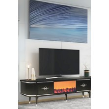 Maya Şömineli Tv Sehpası Siyah Gümüş Şeritli Mebran Kapaklı Oval Tasarım 180x40x50 Cm
