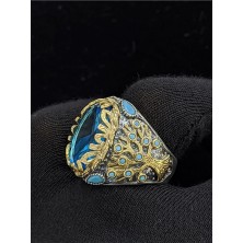 Yaşam Ağacı Modelli  Oval Aqua Marin Taşlı 925 Ayar Erkek Gümüş Yüzük