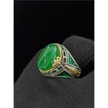 Yeşil Mineli Mikro Taşlı Oval Akik Taşlı 925 Ayar Erkek Gümüş Yüzük