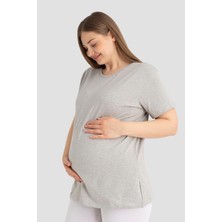 Pamuklu Likralı Gri Kısa Kollu Hamile Tişört Rahat ve Nefes Alan Hamile Giyim