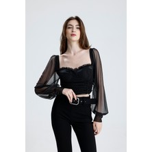 Arkası Fermuarlı Gloplu U.kol Lastik Büzgülü Tül Bluz | BLZ33864 Siyah