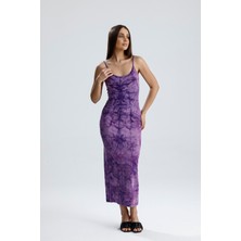 Yırtmaçlı Askılı Likralı Viskon Elbise | ELB35782 Mor Batik