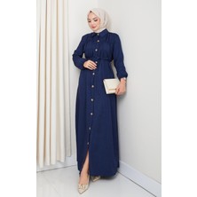 Kadın Büzgü Detaylı Kuşaklı Düğmeli Lacivert Elbise