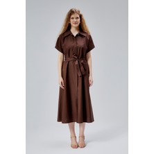 Kahverengi Boydan Düğmeli Gömlek Yaka Poplin Elbise