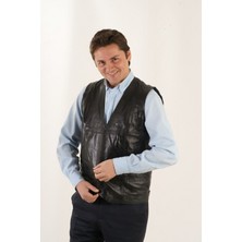 Deri Work Hakiki Deri Siyah Paname Fermuarlı Erkek Deri Yelek