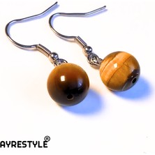 Kaplan Gözü Doğal Taş Sallantılı Kadın Küpe, Kahverengi Küpe, 3cm