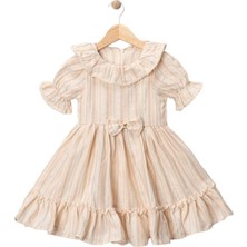 Müslin Çizgili Fiyonk Elbise Somon