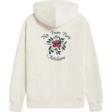 Slogan Fleurs Nakışlı Krema Renk 100% Pamuk Kadın Kapüşonlu Hoodie