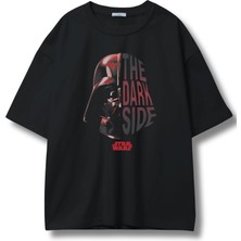 Unisex The Dark Side Yazılı Tişört, Oversize Darth Vader Baskılı Bisiklet Yaka T-Shirt