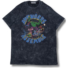 Unisex Avengers Assamble Baskılı Yıkamalı T-Shirt, Oversize Mar Vel Temalı Retro Tişört