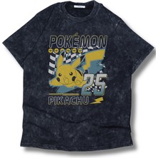 Unisex Pikachu 25 Baskılı Yıkamalı T-Shirt, Oversize Pokemon Temalı Retro Tişört