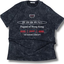 Unisex Pagani Of Hong Kong Yazılı Yıkamalı T-Shirt, Oversize Araba Temalı Retro Tişört