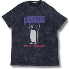 Unisex Tax The Rich Not The Penguins Yazılı Yıkamalı T-Shirt, Oversize Komik Penguen Temalı Tişört