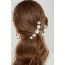 bej ve Siyah Kadınlar Için 5'li Suni Inci Saç Klipsi Seti - Orta Boy