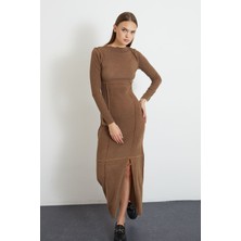 Kadın Dikiş Detaylı Eteği Yırtmaçlı Uzun Triko Elbise Hardal