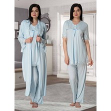 Dvina Effortt Lohusa Dantelli Sabahlıklı Pijama Takımı Mavi - 5034