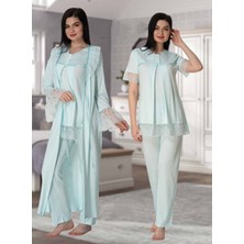 Dvina Effortt Lohusa Dantelli Sabahlıklı Pijama Takımı Mavi - 5044