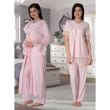 Dvina Effortt Lohusa Dantelli Sabahlıklı Pijama Takımı Pembe - 5044
