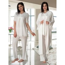 Dvina Effortt Lohusa Dantelli Sabahlıklı Pijama Takımı Ekru - 5034