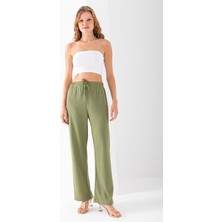 Kadın Beli Ayarlanabilir Bol Paça Bürümcük Pantolon Yeşil - 925079