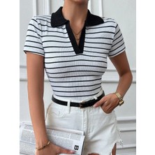 Polo Yaka Garnili Bluz Beyazsiyah