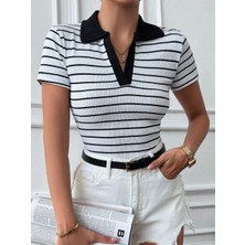 Polo Yaka Garnili Bluz Beyazsiyah
