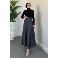 Ficus Taşlı Saten Etek Füme