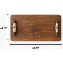 Ceviz Ağacından El Yapımı Ahşap Sunum Tepsisi – 24X41 cm | Metal Kulplu Rustik Servis Tepsisi