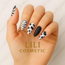 Lili Cosmetic Lüx Zebra Desenli Siyah Beyaz Mat Badem Takma Tırnak Kendinden Yapışkanlı 24LÜ Hipoalerşik