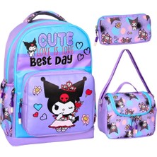 Kuromi Baskılı Lila, 3’lü Ilkokul Kız Çocuk Beslenmeli ve Kalemlikli Okul Çantası