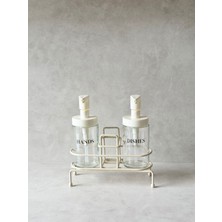 Dekorz Dükkan 2'li Krem Standlı Cam Sabunluk Seti Modern Tasarım 300 ml Kolay Temizlik